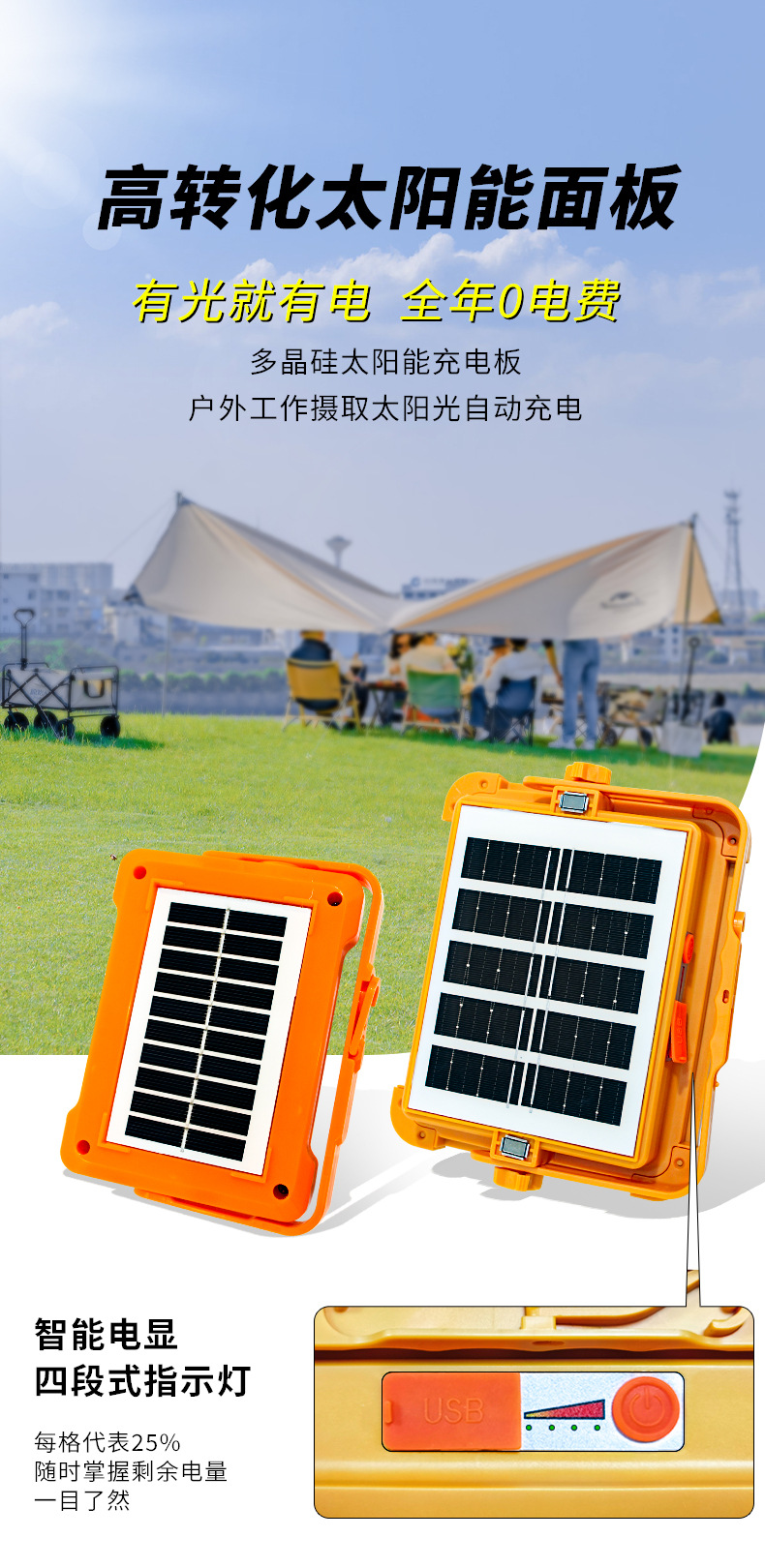 跨境热销户外太阳能手提USB充电投光灯 摆摊露营太阳能应急投光灯详情7
