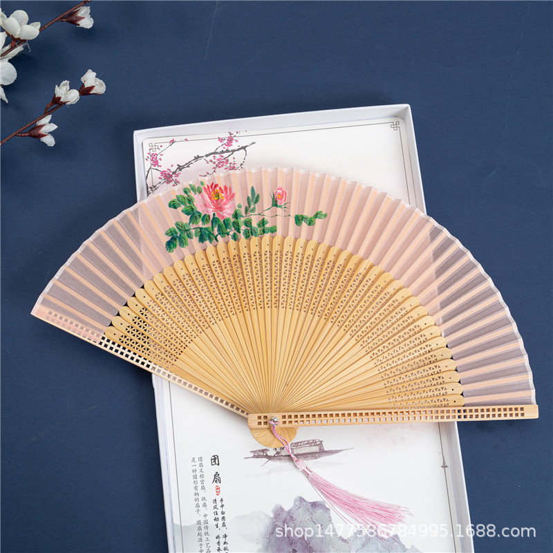 手绘牡丹雪纺扇子折扇中国风方块镂空边竹扇和风夏季日用折叠扇子详情9