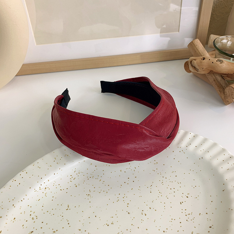 Retro solid color Pu leather wide cross headband, versatile for women, simple hairband for washing face, hair pressure and trendy headwear pic 13