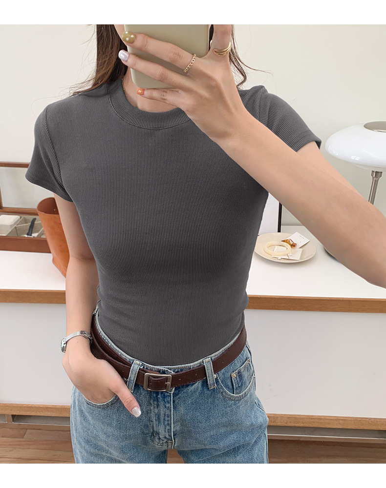 European and American style ribbed off-the-shoulder T-shirt for women, new summer style, slimming and figure-hugging, round-neck, layering short base layer pic 28