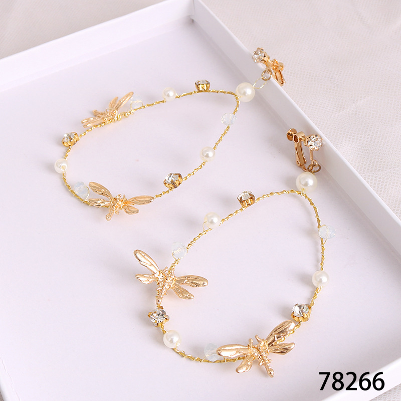 New bride headwear from Japan and South Korea, super fairy earrings, dragonfly oval ear clips, princess wedding accessories, pearl earrings pic 5