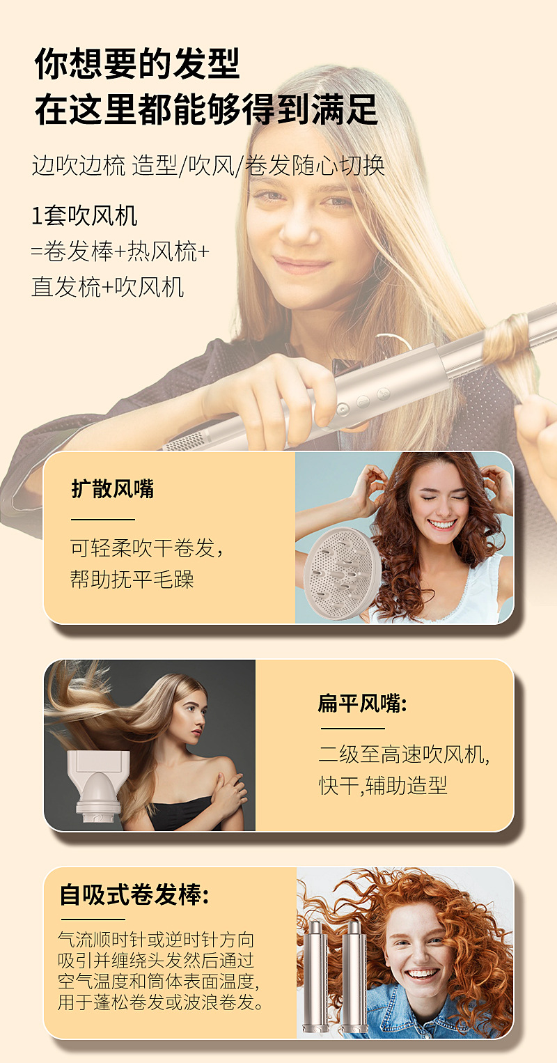 跨境专供高速吹风机五合一热风梳 直卷两用卷发棒 折叠便携吹风机详情18