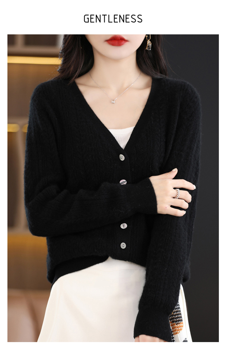 绒狼2023秋冬新款女士V领羊毛针织麻花开衫宽松长袖短款外套女详情32