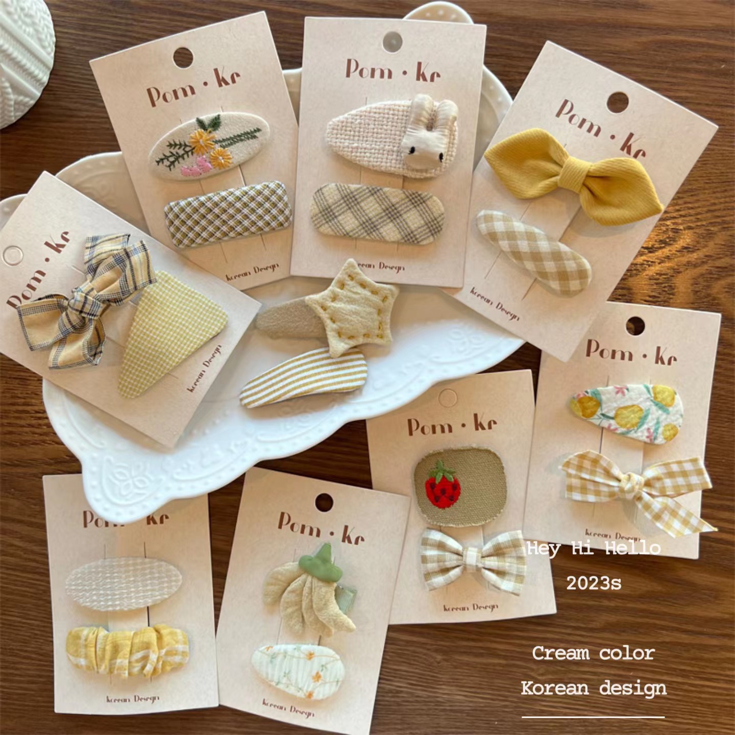 pom.kr 韩国风新款奶油色布艺女童蝴蝶结格子纯色发夹11bb夹创意饰品详情2