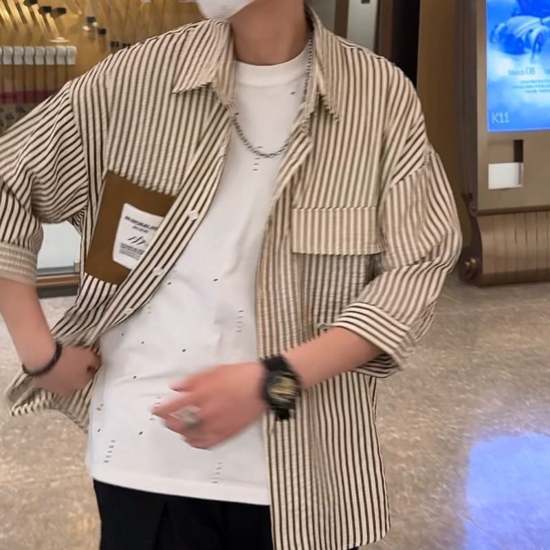 衬衫男士夏季潮流五分袖衬衣男装帅气短袖上衣服薄款七分中袖寸衫详情4