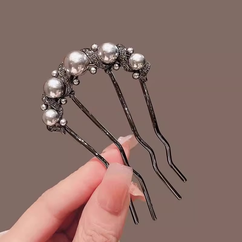 New Chinese-style bun hair hairpin, pearl four-toothed comb hairpin, U-shaped hairpin, elegant updo, hair comb pic 16