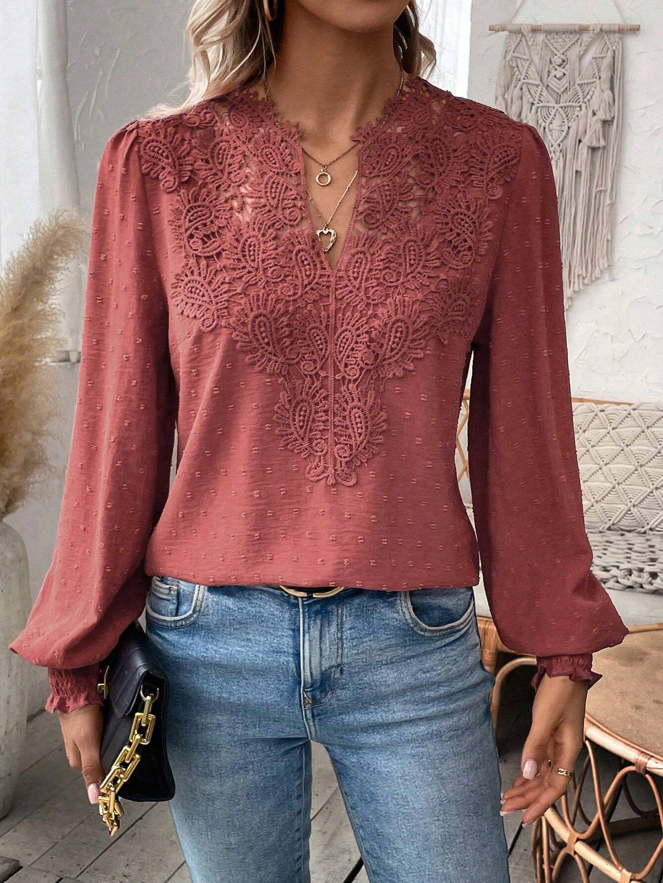 The new autumn and winter fashion V-neck lace solid color long-sleeved casual T-shirt for women on Amazon Cross-border in Europe and America in 2024 pic 19