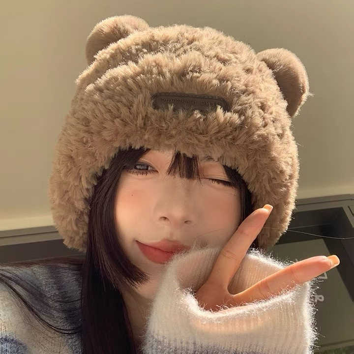 韩系可爱小熊毛绒针织帽子女秋冬季加厚保暖包头帽仿皮草套头盆帽详情15