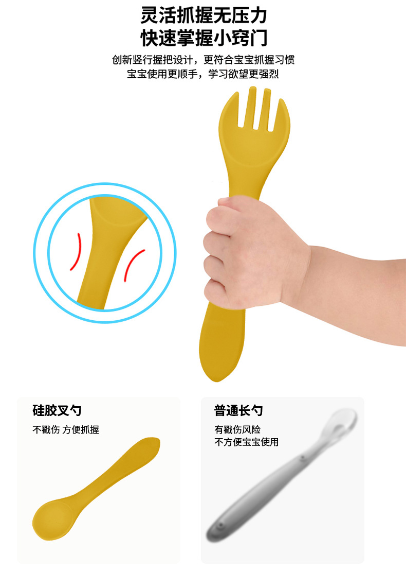 硅胶儿童餐具食品级圆形分格餐盘母婴餐具宝宝辅食碗叉勺围兜套装详情14