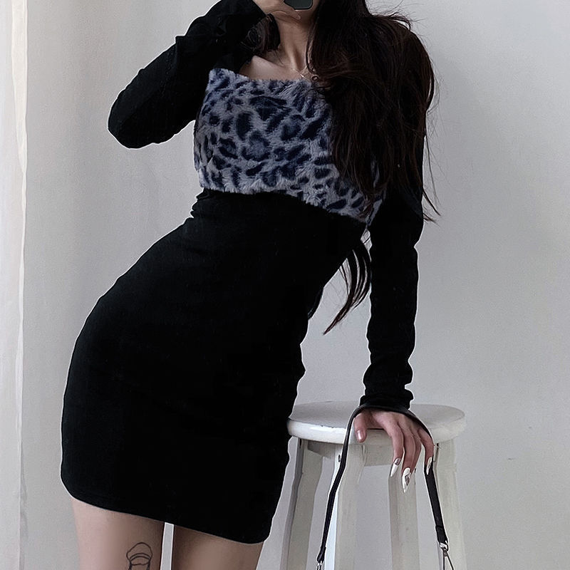 Foreign trade German velvet European and American leopard print sexy patchwork dress for women, thumb button long-sleeved, slimming and body-hugging base dress pic 6