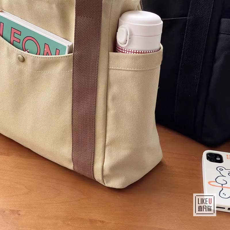 帆布包包女手提袋单肩包大学生百搭手提包通勤大容量补课袋多口袋详情9