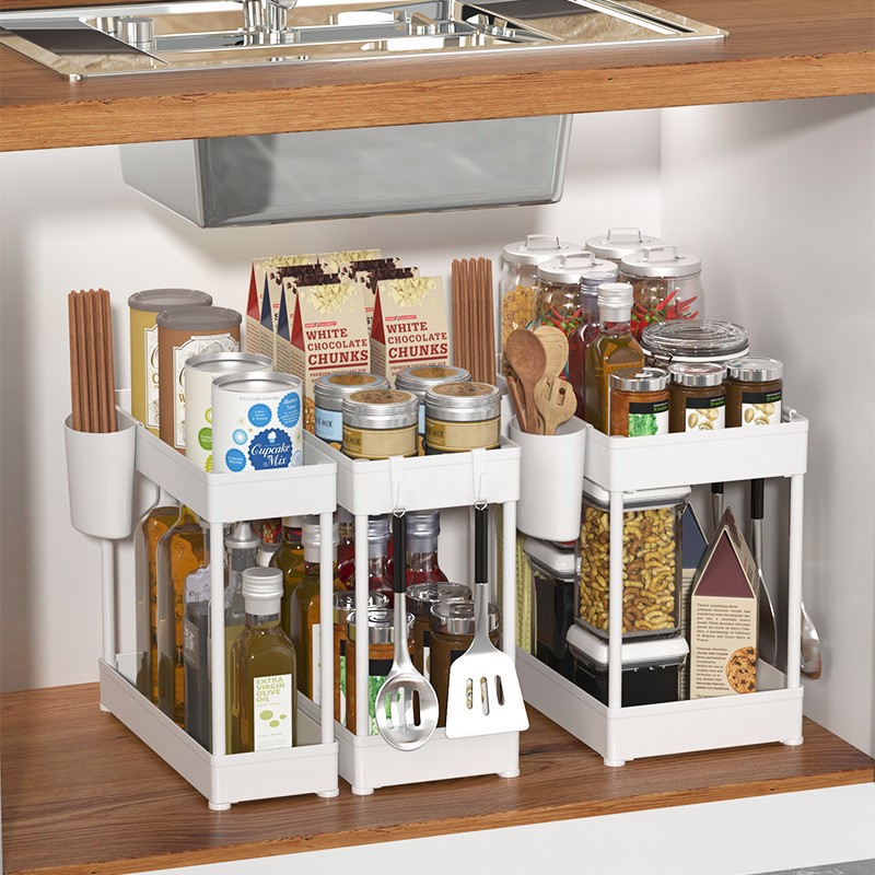 Amazon double pull kitchen countertop storage, bathroom, toilet organization, seasoning, cabinet bottom sink, storage rack pic 11