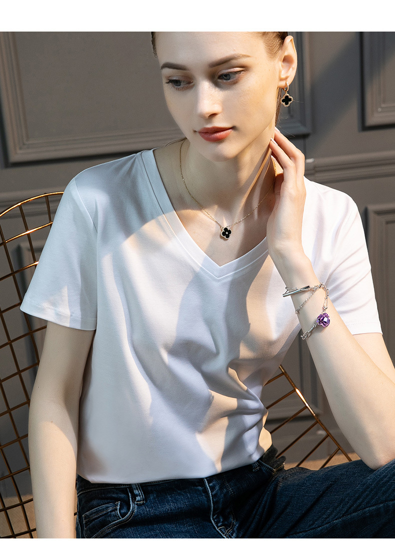 High-count 80-count double-sided mercerized cotton short-sleeved white T-shirt for women in summer, loose round-neck V-neck, versatile T-shirt, 1688 pic 27