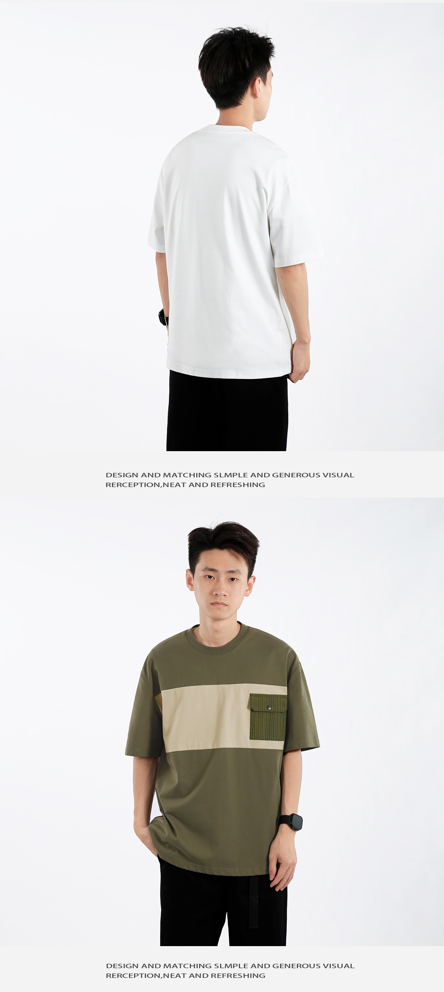 Pocket design, color-blocking short-sleeved T-shirt for men, loose, casual and versatile in summer, round-neck breathable half-sleeve pic 4