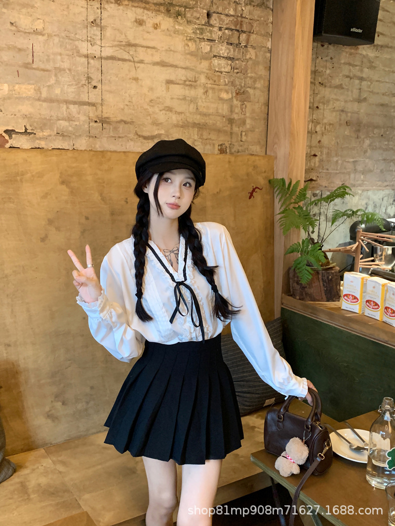 法式千金早春压褶小众气质名媛甜美系带蝴蝶结衬衫女长袖白衬衣女详情14