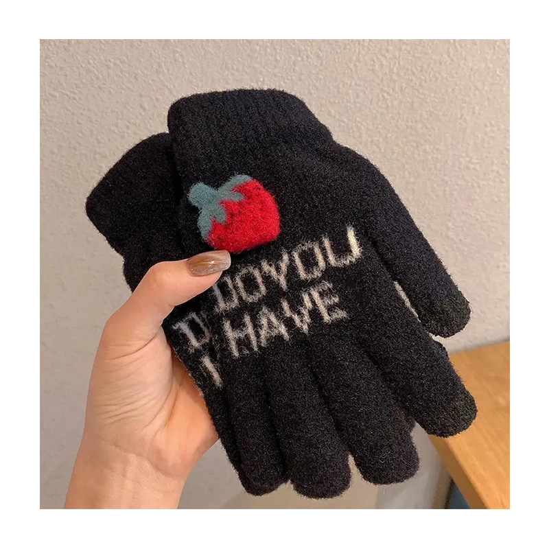 Sweet strawberry couple gloves in Japanese and Korean style, ins style plush touch screen knitted warm gloves with fleece finger separation gloves pic 8