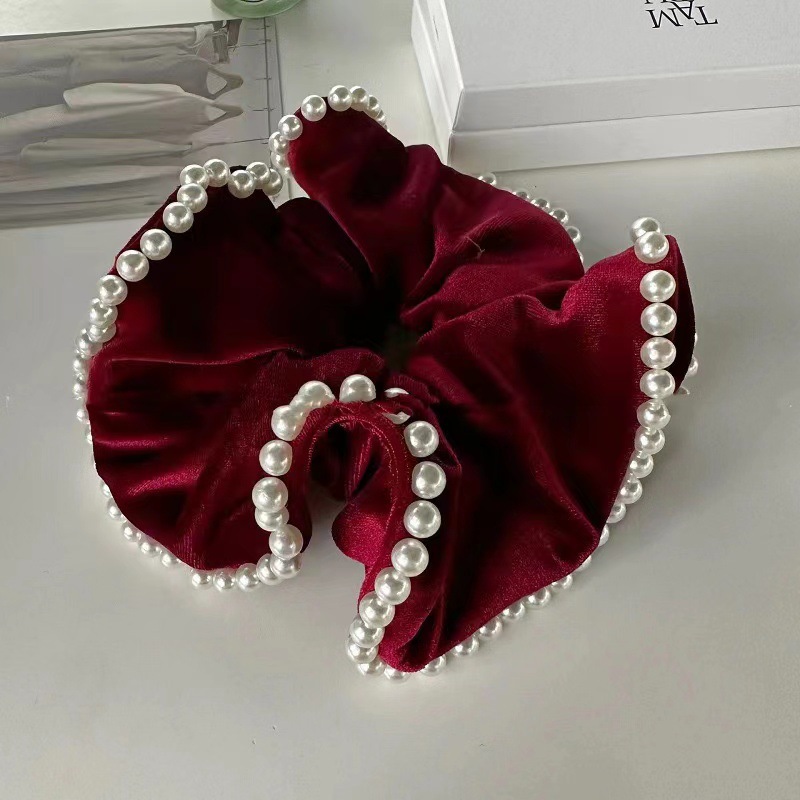 复古黑色丝绒珍珠大肠圈女高级后脑勺法式优雅扎头绳气质小众发饰详情5