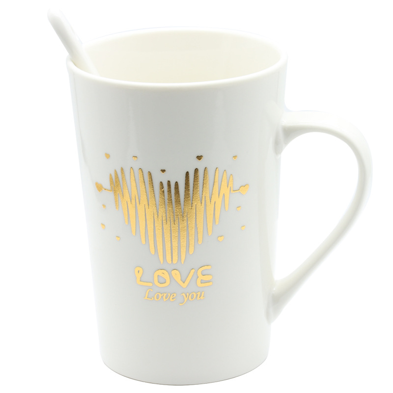 情人节陶瓷杯马克杯白底简约风格镀金心形设计带柄勺套装大容量水杯详情5