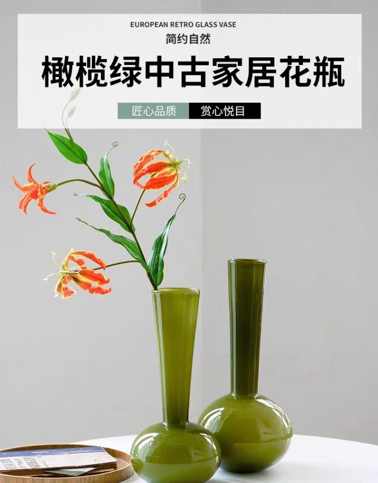 French vintage high-end glazed vase, olive green handcrafted niche art Phalaenopsis vase, living room decoration pic 1