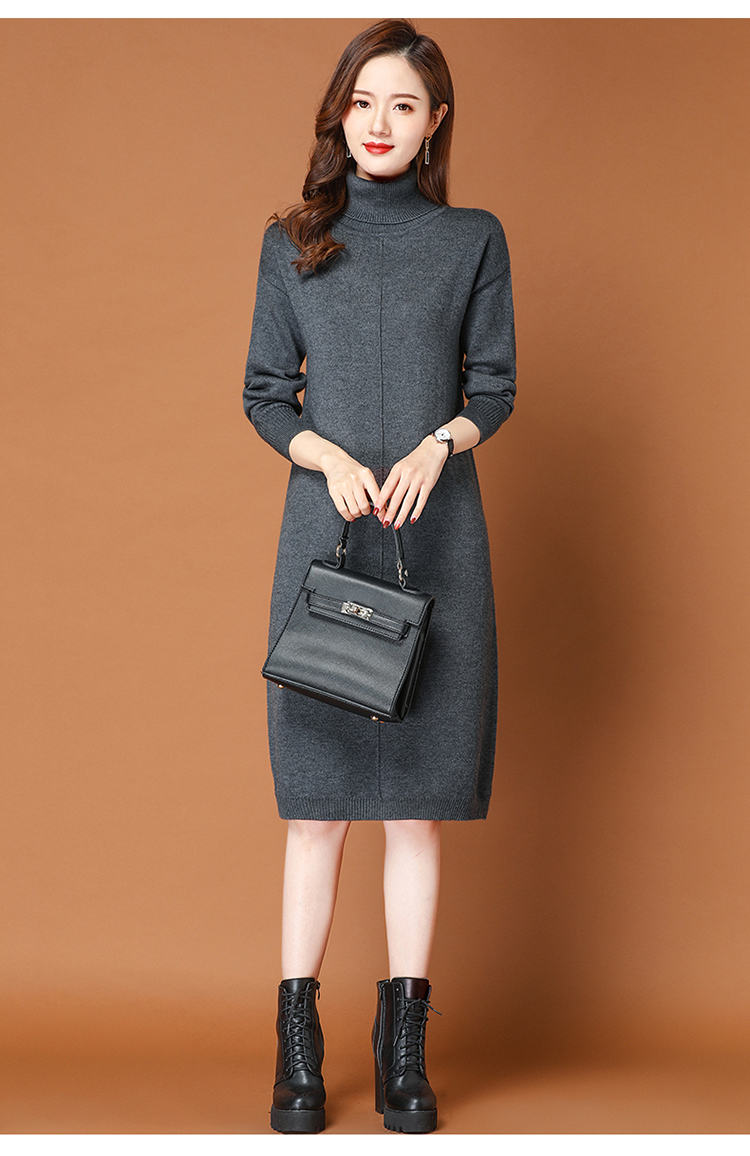 Mid-length, thickened knitted base, knee-length cashmere dress for women in autumn and winter 2022, high-neck knitted sweater dress pic 5