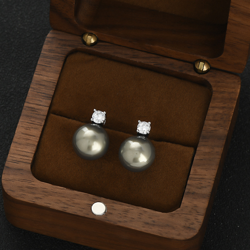 高级感简约浅灰色玻璃珍珠微镶锆石S925银针百搭耳钉气质耳饰耳环详情13