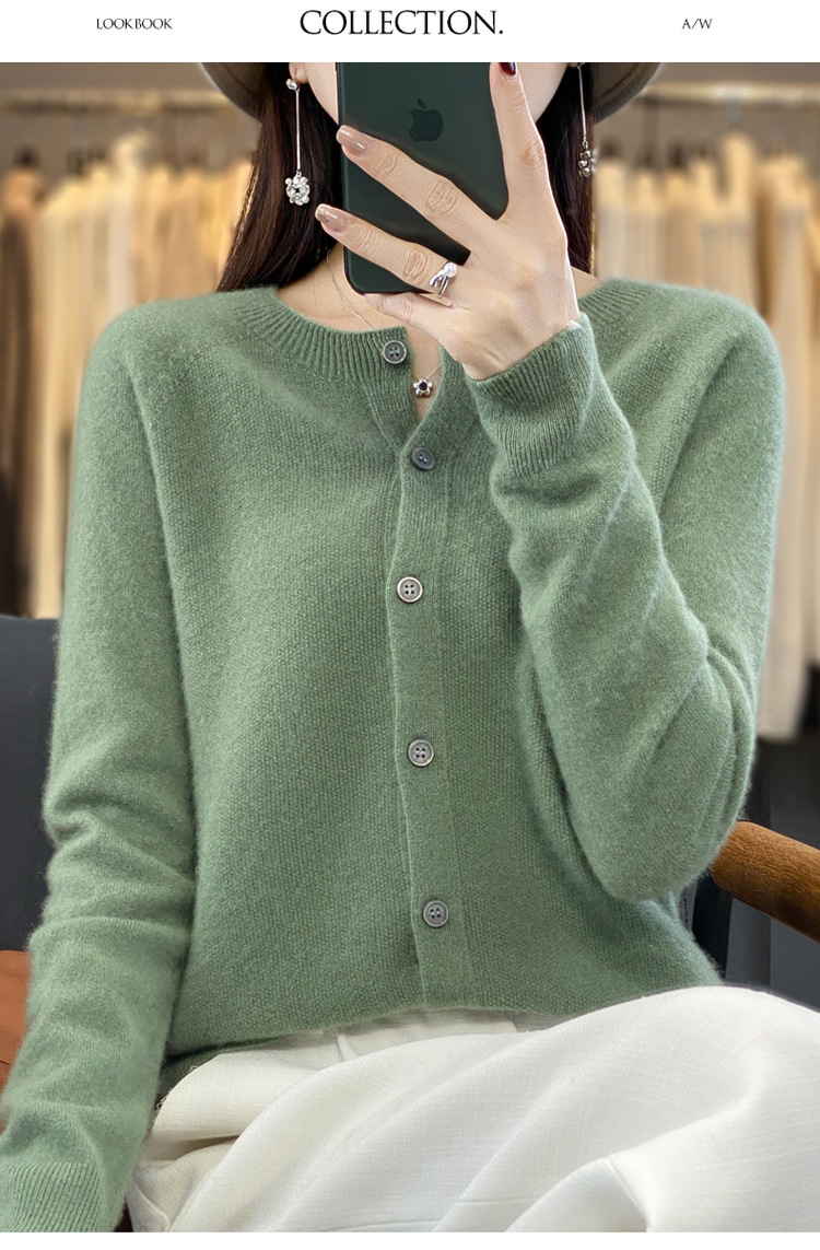 爆款批发秋冬季新款纯羊毛桂花针开衫宽松大码圆领羊毛衫详情8