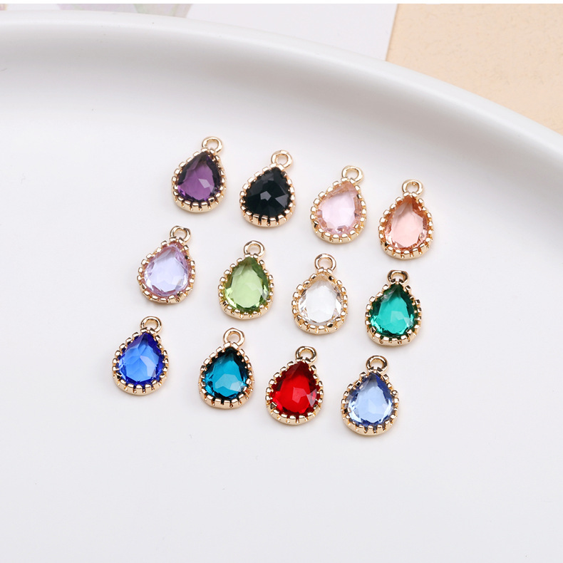 锯齿包边铜镀14K金精致彩色水晶玻璃水滴耳环吊坠项链手链DIY配件详情11