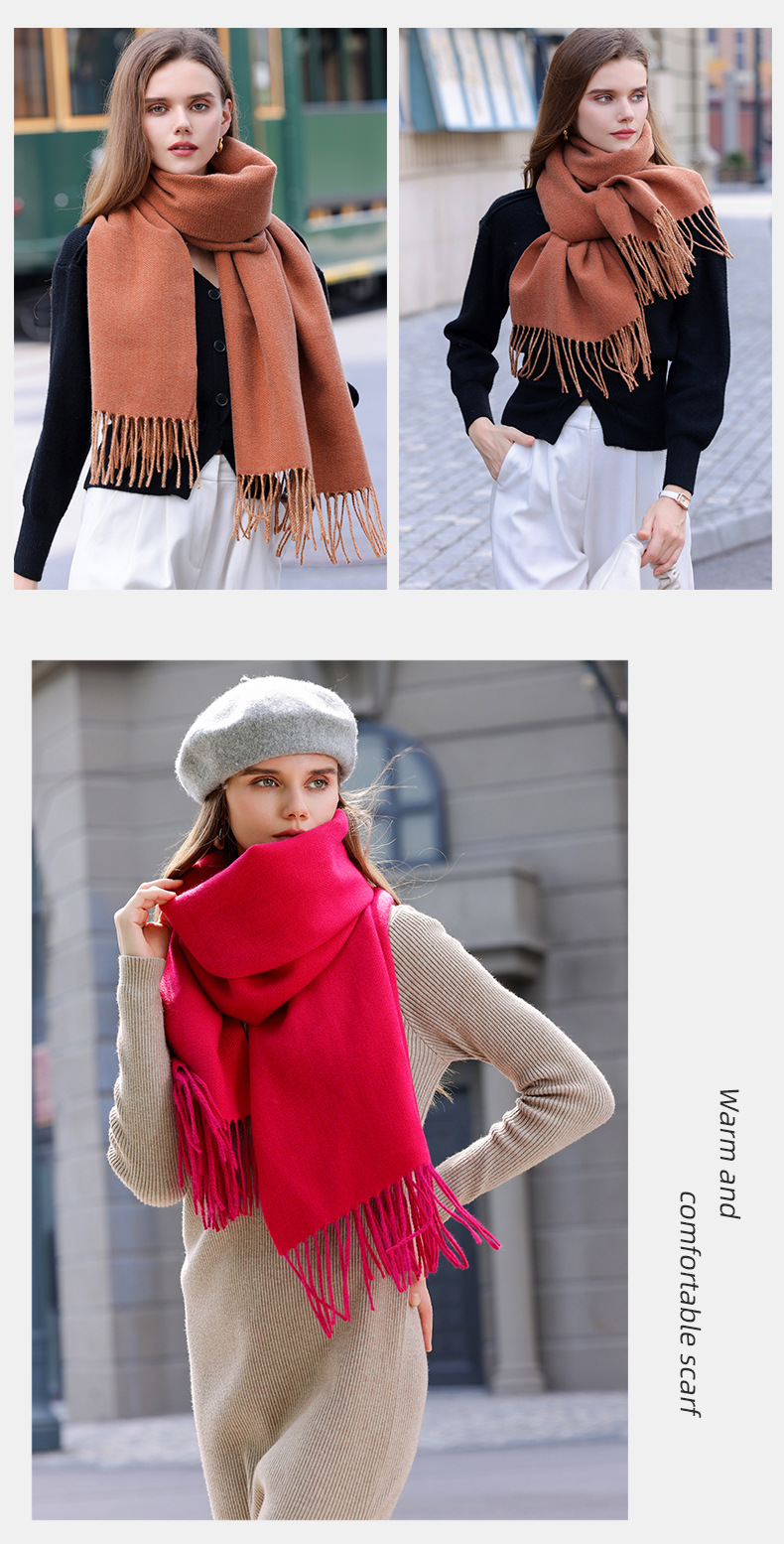 The 2023 new double-sided solid color macaron scarf for women is a bestseller in winter. It is fashionable and warm with faux cashmere tassels. Wholesale pic 14