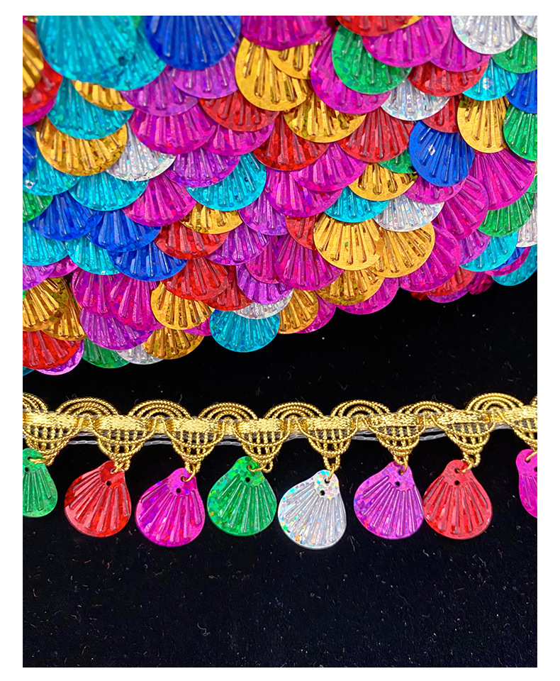 现货供应七彩镭射树叶贝壳花边亮片宝塔流苏民族服装配饰DIY辅料详情6