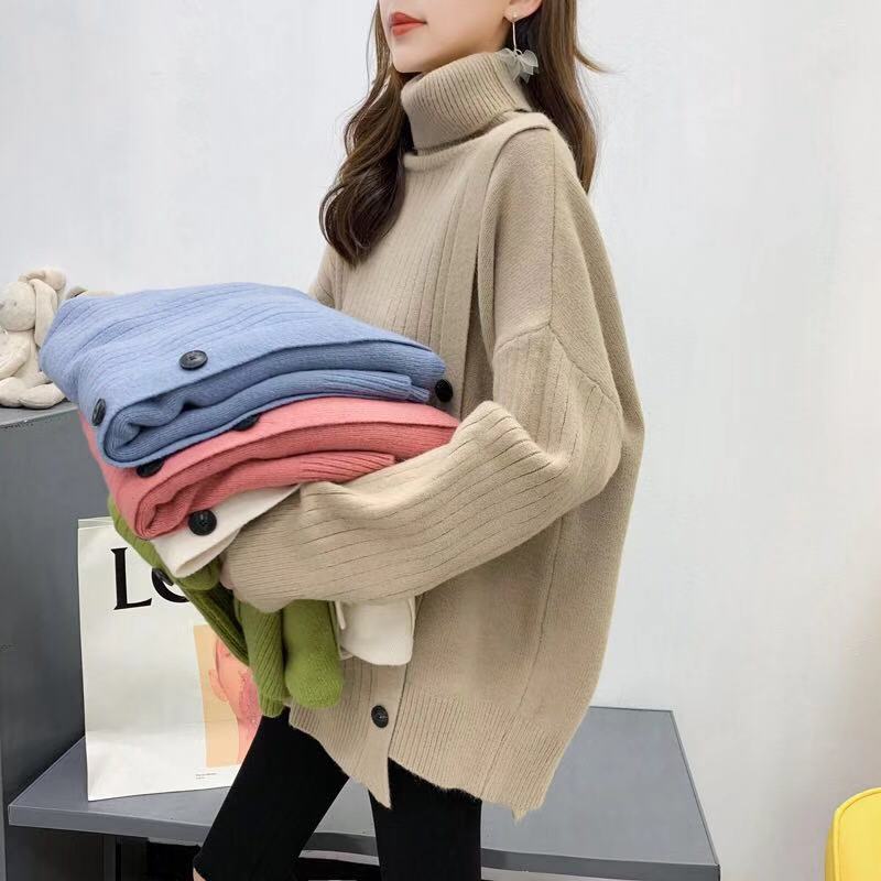 A new Korean style high-neck sweater for women in the autumn and winter of 2023, a loose and laid-back mid-length irregular knitted top pic 19