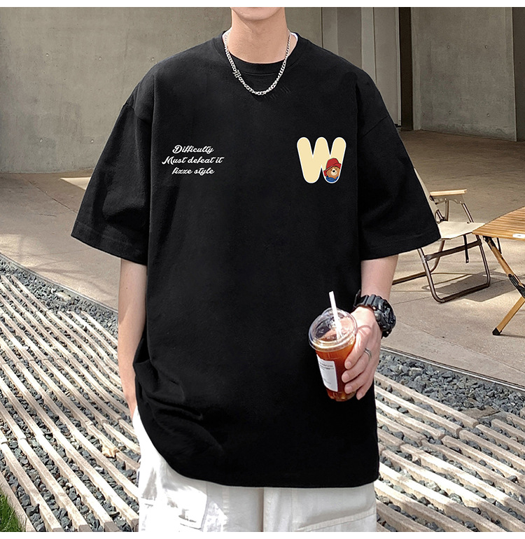 Camiseta de manga corta de estilo americano de algodón pesado hombre verano 2024 nuevo oso estampado estado de moda puerto estilo chico camiseta pic 3