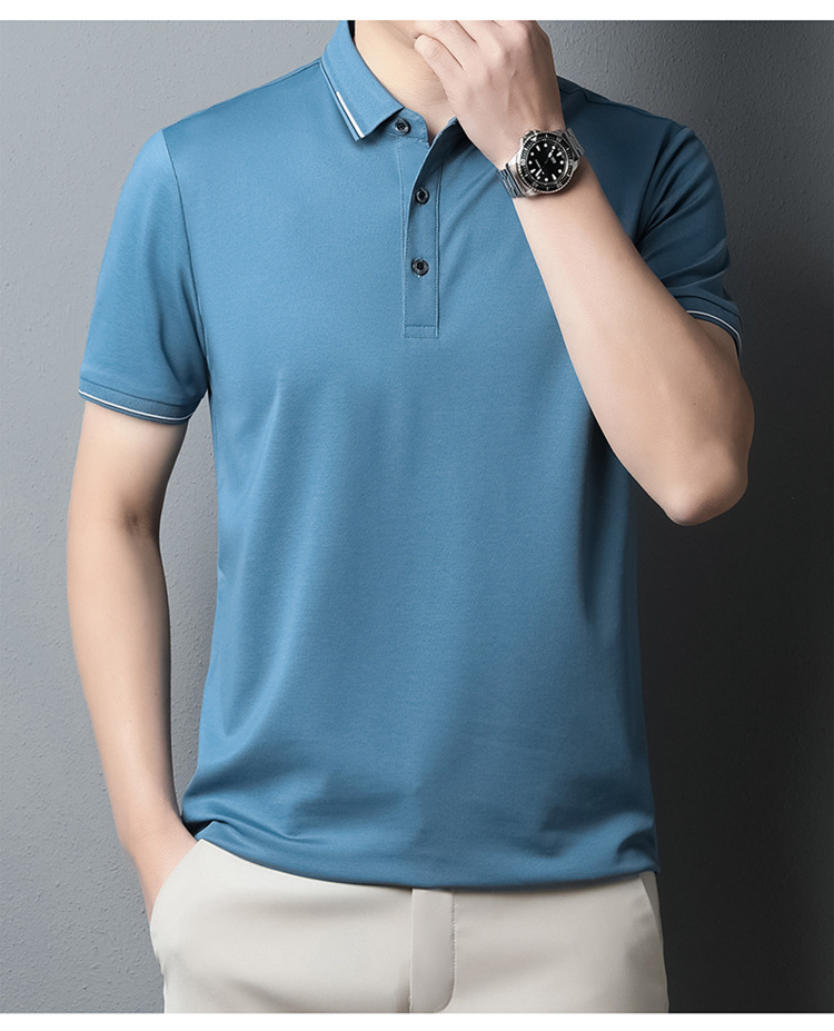 纯色桑蚕丝男士短袖t恤外贸夏季2023新款潮流高级感男装翻领上衣详情25