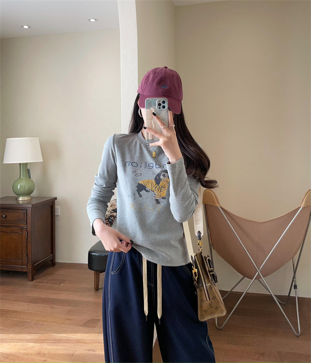 Playful and youthful embroidered printed puppy loose straight top straight-shoulder round-neck long-sleeved T-shirt for women 2025 early Spring G021418 pic 21