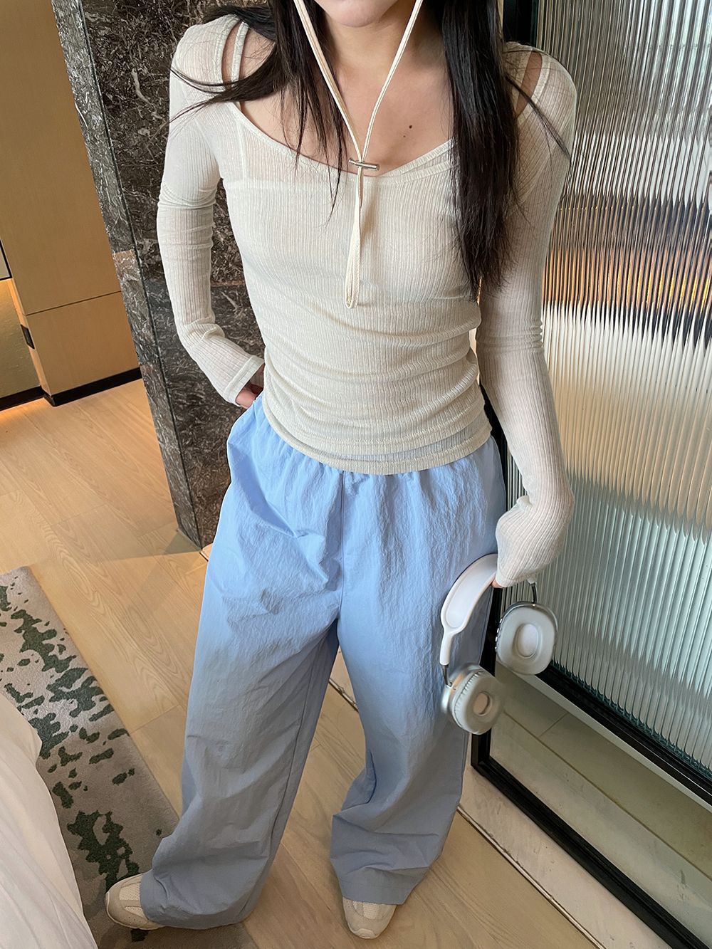 子川蓝色系清凉垂感工装裤女2024夏季新款松紧腰百搭直筒长裤8656详情24