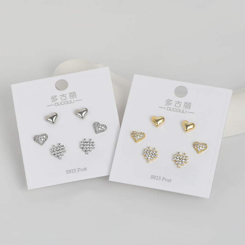 S925银针一卡三对套装耳钉女小众设计感爱心小耳饰睡觉不用摘耳坠详情2