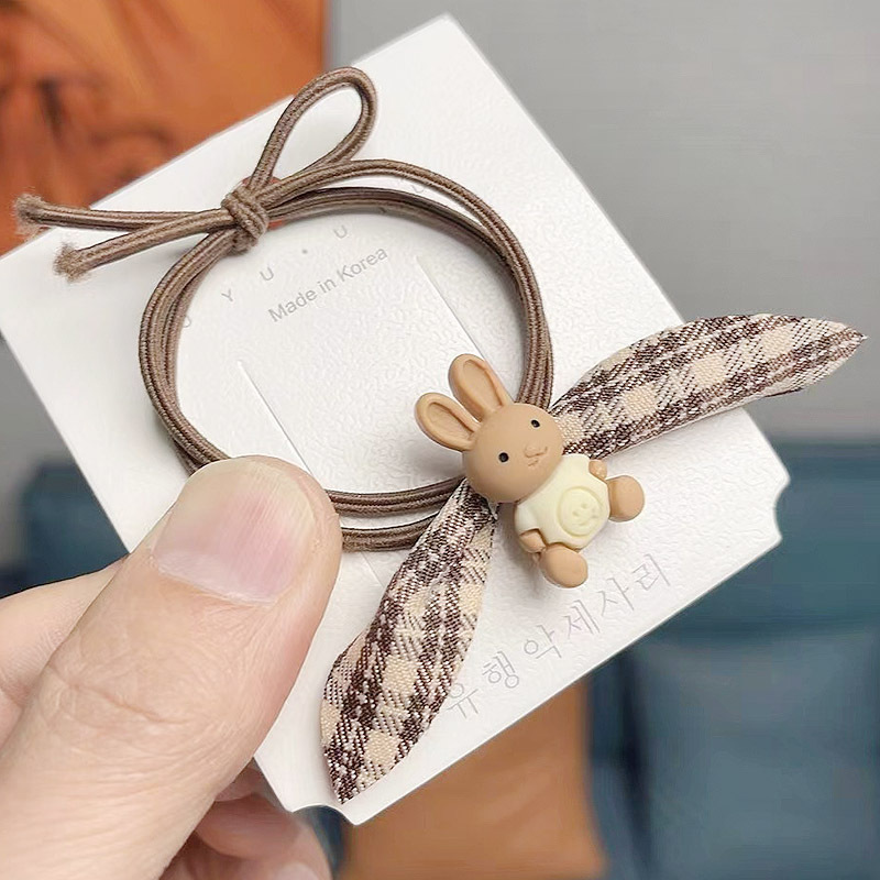 本命兔年格子头绳布艺蝴蝶结发绳韩国奶茶色气质橡皮筋甜美发饰品详情6