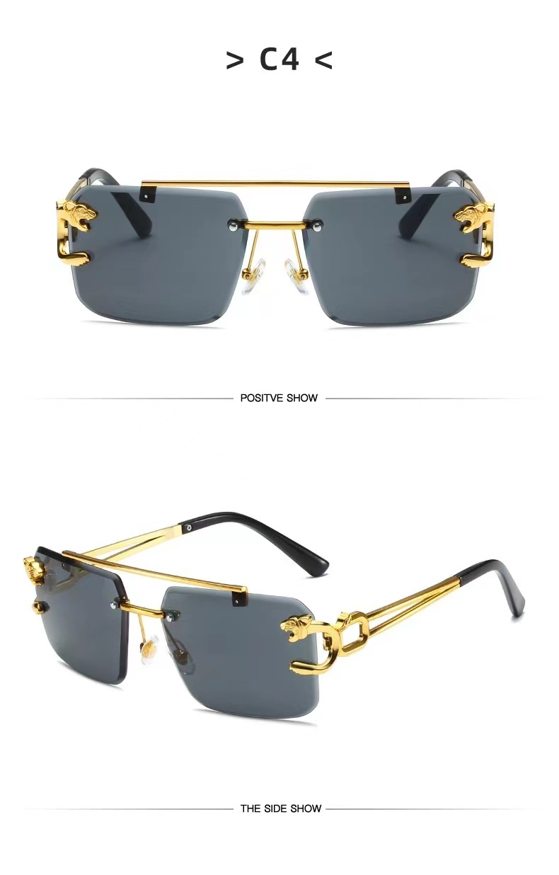 Crossover sin marco gafas de sol cabeza de leopardo moda corte de borde gafas de sol hombre temperamento mujer tendencia europea y americana influencers street raqueta gafas pic 10