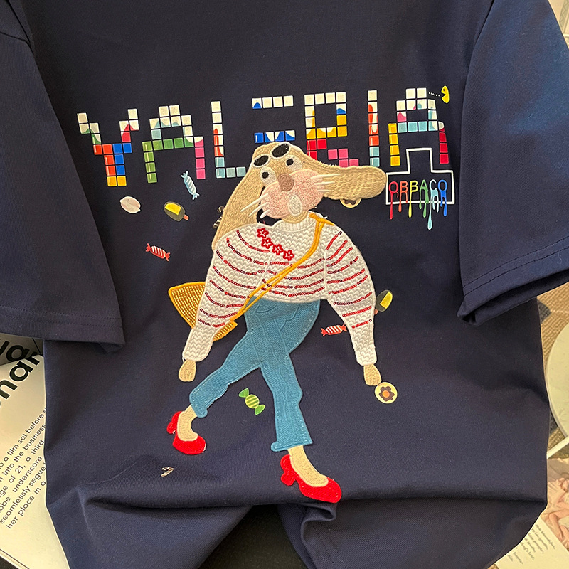 实拍32支双纱纯棉螺纹领短袖t恤女夏2023刺绣花圆领上衣大码女装详情21