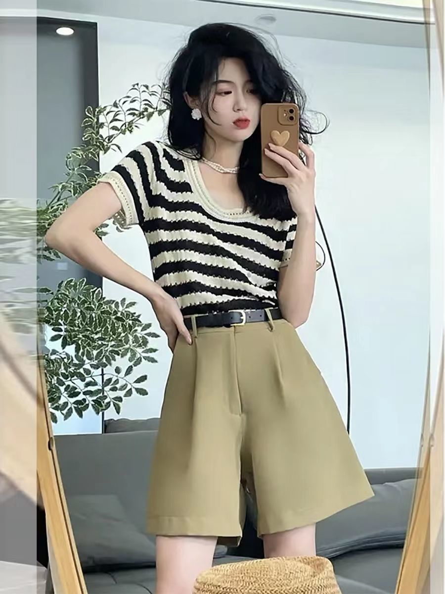 大码女装镂空韩系条纹针织短袖t恤复古圆领上衣时尚百搭2022夏季详情2