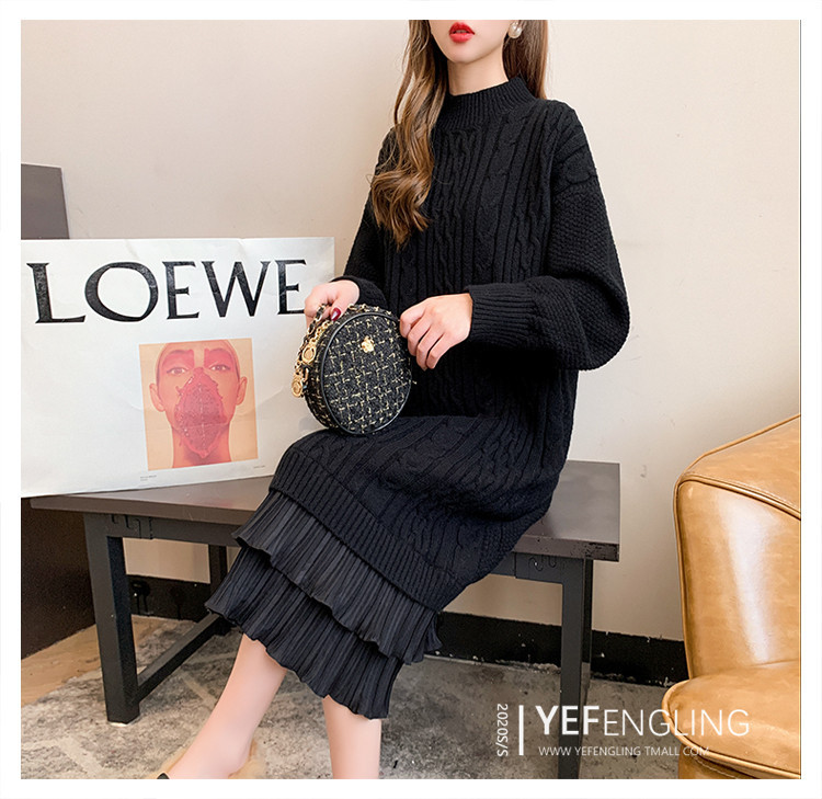 Knee-length woolen dress for women, with a loose and laid-back style of patchwork and twisted patterns, is a new thick knitted dress for autumn and winter 2020 pic 2