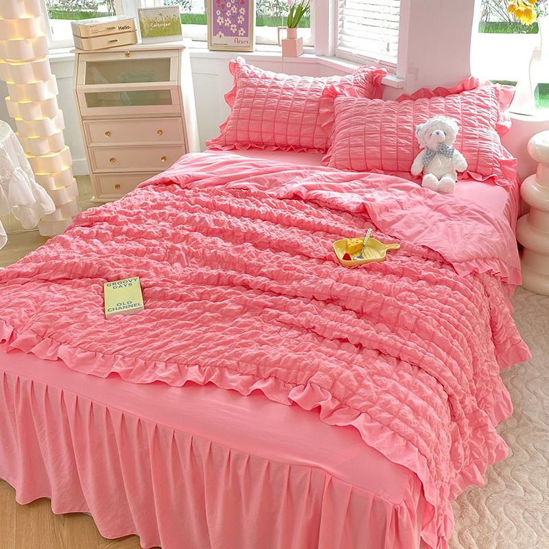 Simple style bubble gauze summer quilt four-piece set, high-end solid color washed cotton bed sheet, bed skirt, quilt cover, dormitory three-piece set pic 27