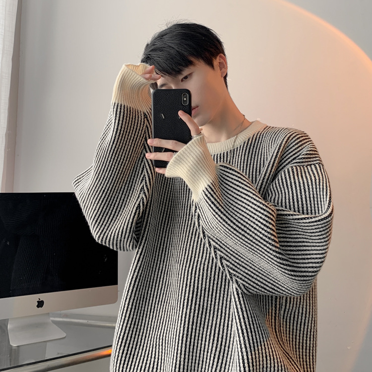 圆领条纹毛衣男款秋冬新款时尚套头针织衫日系复古宽松百搭上衣服详情25