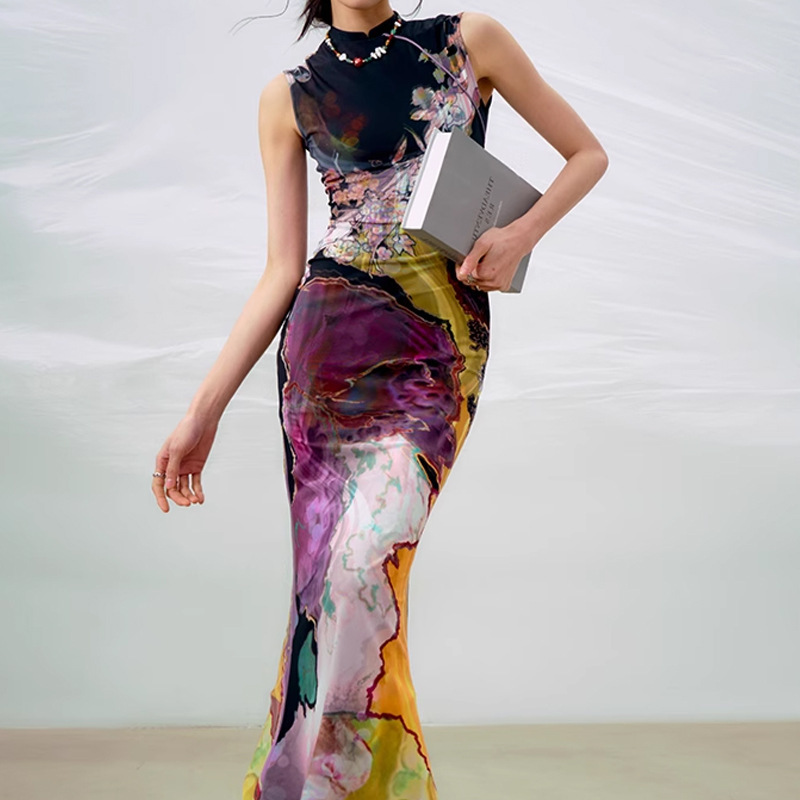 现货OfAki”新中式前后两穿撞色旗袍连衣裙女印花鱼尾背心裙详情22