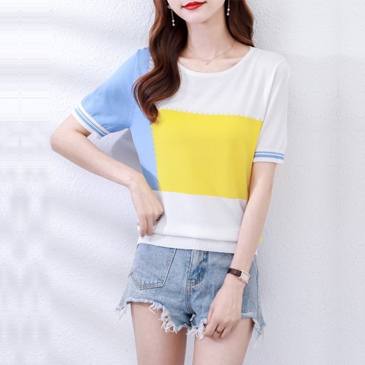 t恤高档夏季女装新款宽松韩版上衣女士针织衫短袖打底衫碎花条纹详情6