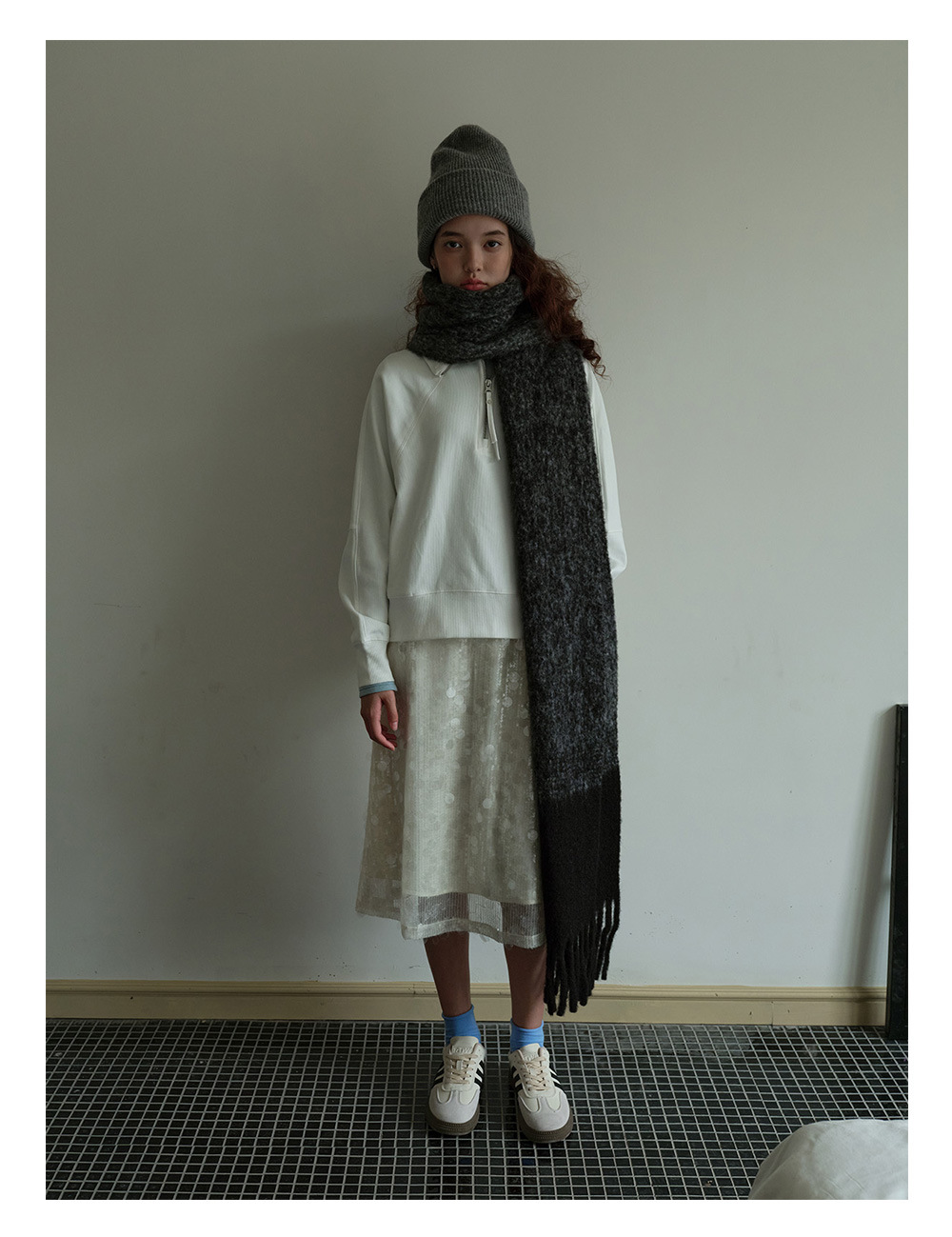 设计师款40羊毛混纺中性拼色围巾女冬季bai搭黑灰色韩版毛线围脖详情2