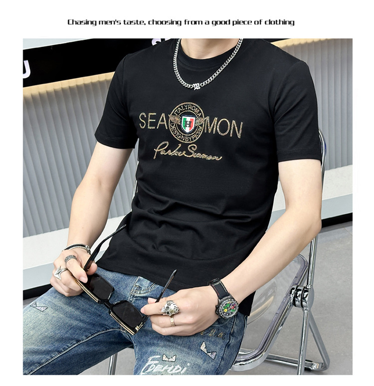 2024年夏季新款男士字母休闲时尚烫钻印花透气圆领修身短袖T恤衫详情12