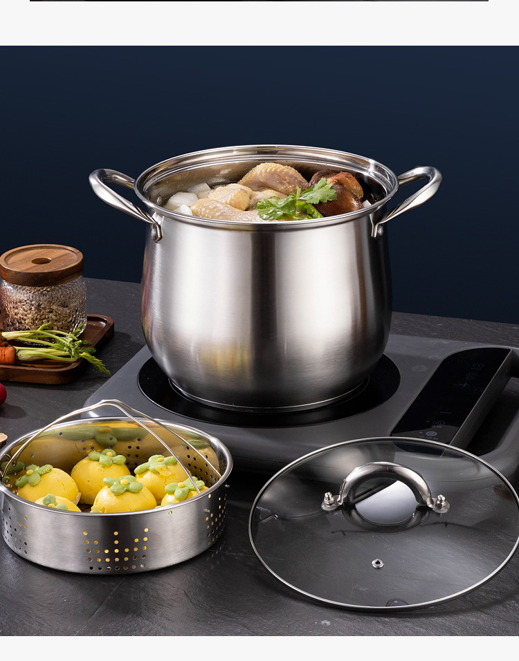 Stainless steel high soup pot, large-capacity thickened and deepened double-ear soup steamer, gift small waist soup pot wholesale and consignment pic 22