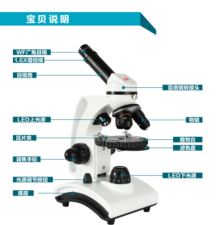 Professional laboratory all-metal student home microscope teaching 1600x magnification of livestock microorganisms pic 5