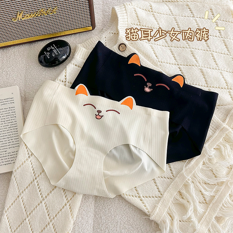 无痕内裤少女可爱猫咪中腰抗菌苹果臀舒适卡通日系女士三角裤新款详情3