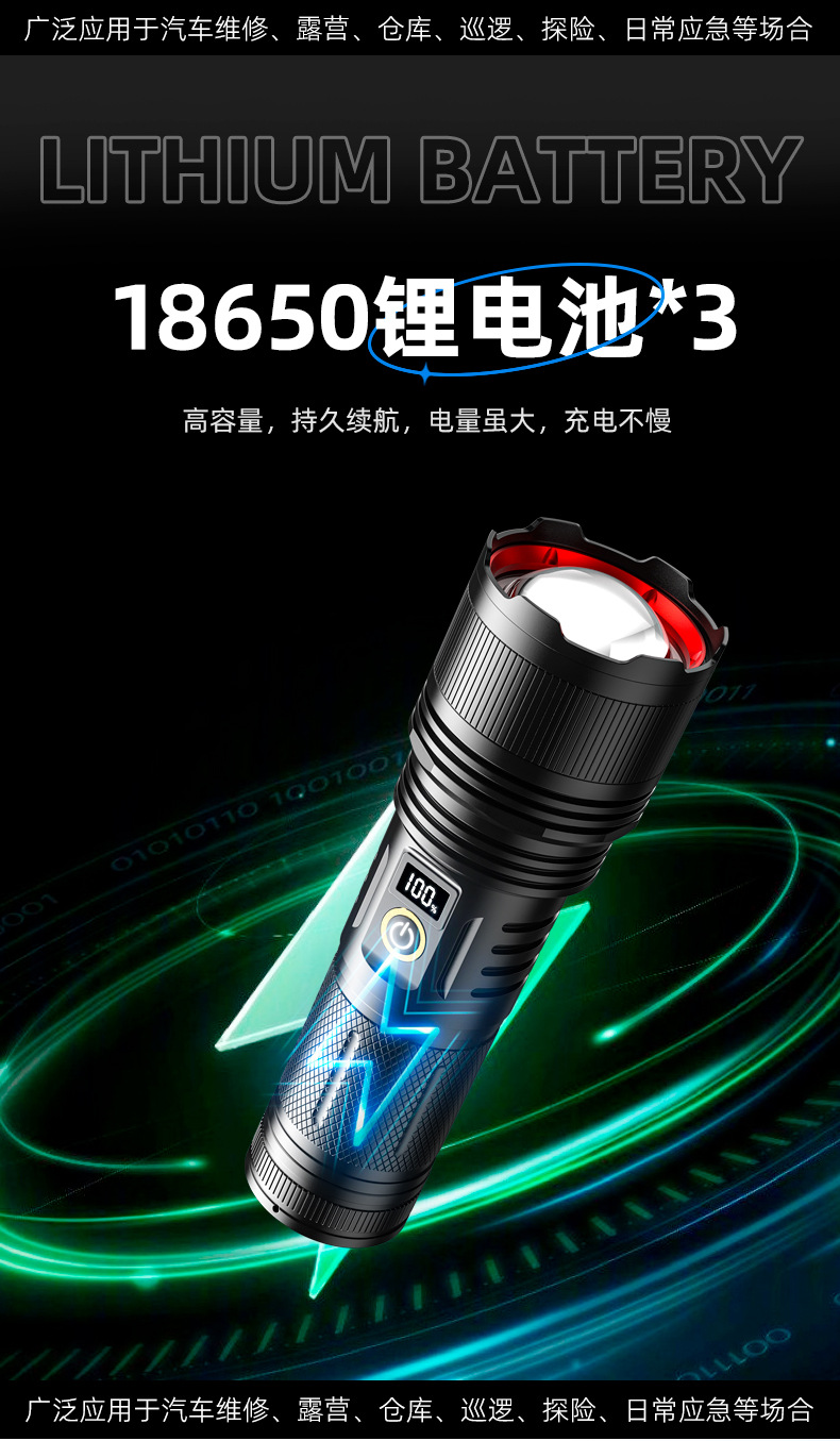 White laser telescopic zoom battery level display flashlight USB charging strong light flashlight 50-watt flashlight pic 7